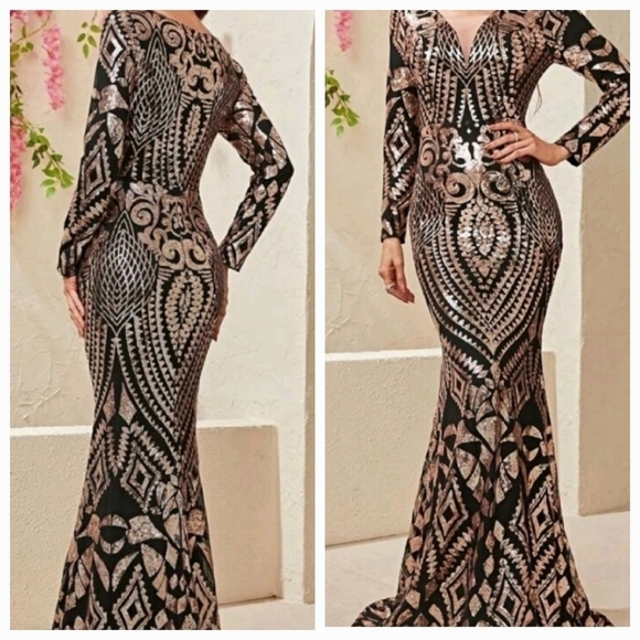 Bronze Baroque Random Print Long Sleeve V Special Event Mermaid Maxi For… - Picture 1 of 9
